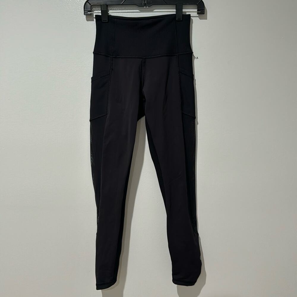 Lululemon Sheer Panel Rouched lower Leg Leggings Mesh Side Pockets Yoga Workout